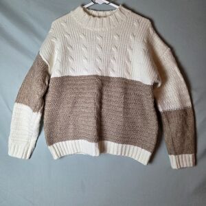 Magnolia Boutique Color Block Mock Neck Sweater Cream Tan Womens Sz M Cable Knit